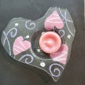 Heart-Shaped Glass Candle Holder with Pink Accents